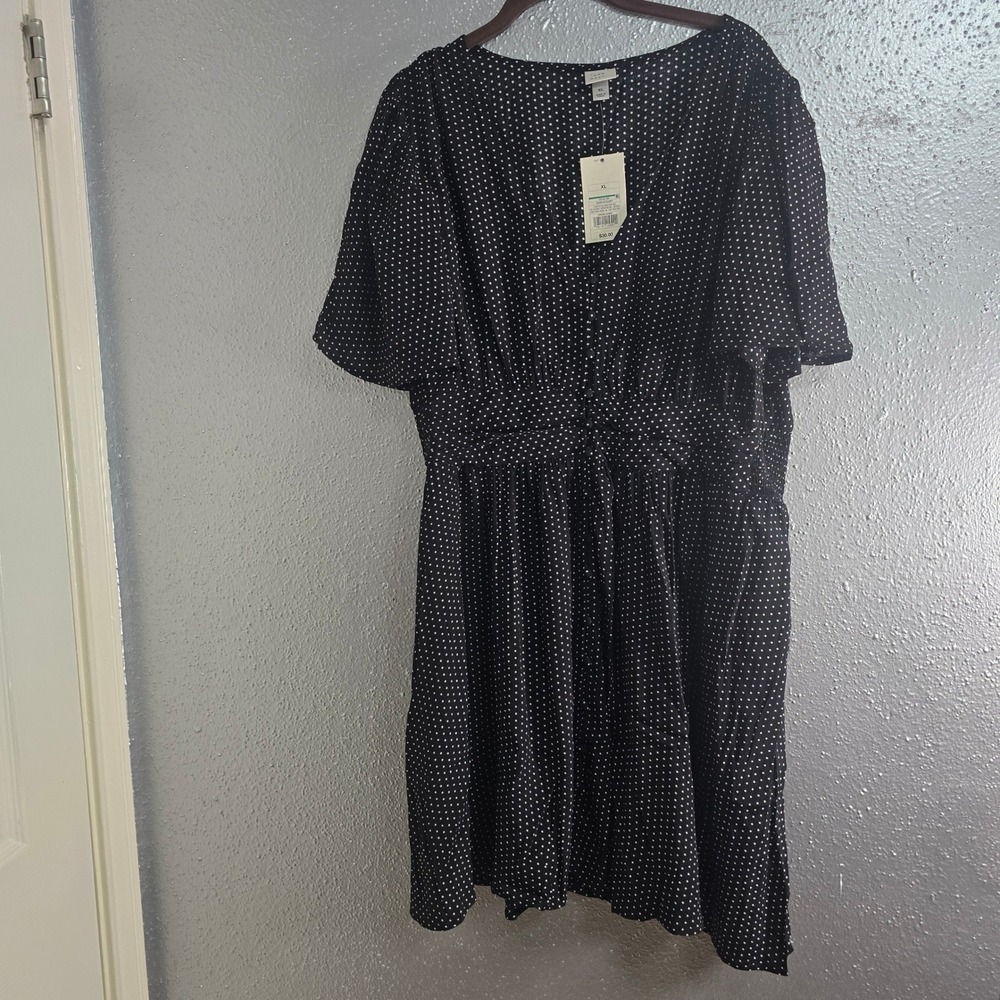 A New Day Black Polka Dot V-Neck Short Sleeve Tie Back Mini Dress XL NWT